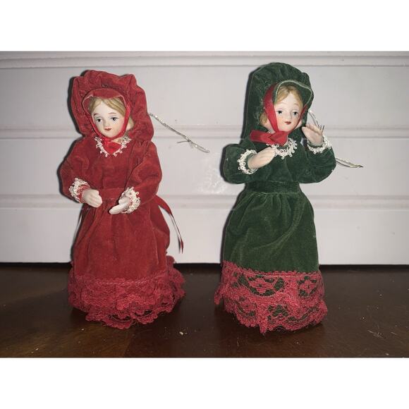 2 vintage Doll Christmas Carolers ornaments Velvet Dresses Ornaments - Picture 1 of 5